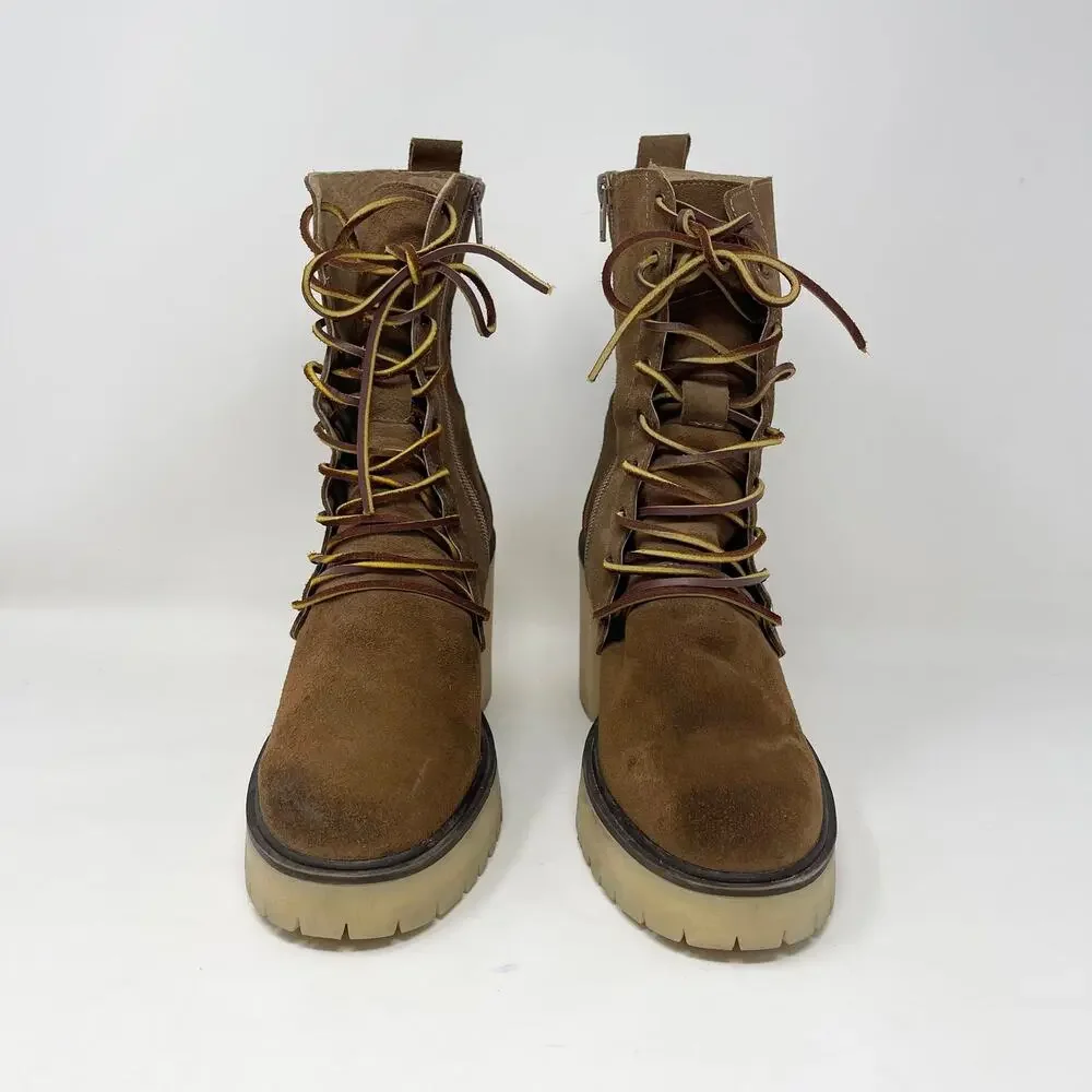 Free People Dylan‎ Lace Up Boot Womens 40/9-9.5 Brown Suede Chunky Mid Calf